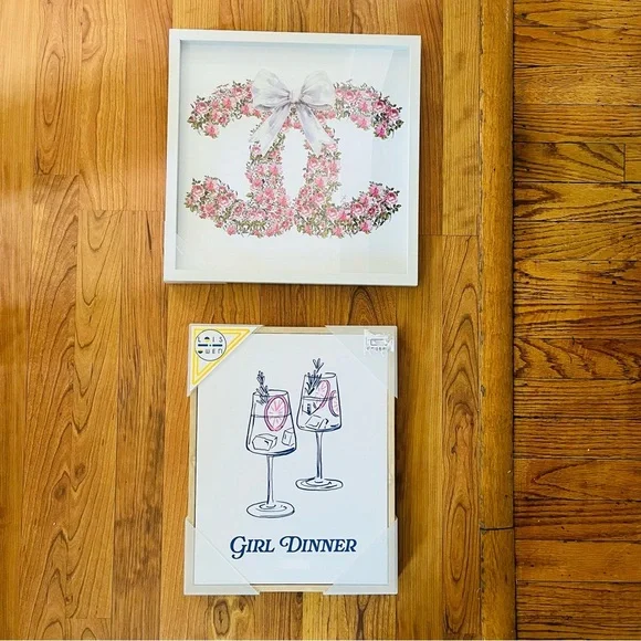 2-Piece Wall Art Set Floral Chanel Bow & “Girl Dinner Cocktail Prints Home Decor
